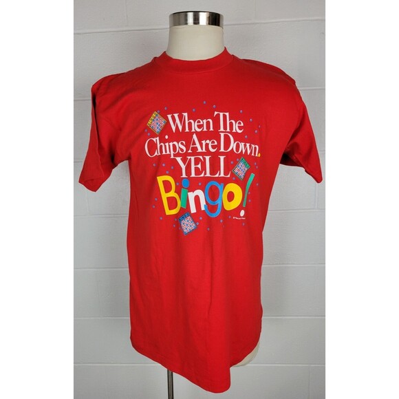 Vintage‎ Bingo T-Shirt Red Fruit of the Loom Single Stitch Peacock Papers USA L - Picture 1 of 9